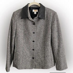 Wool & Silk Talbots Petites Tweed Leather Herringbone Blazer  Jacket Medium 10